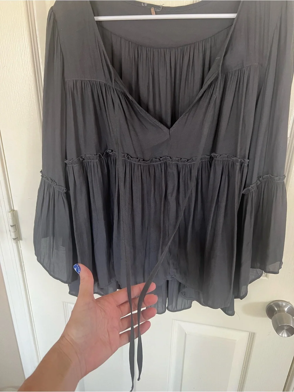 Free People Charcoal Ruffle Tiered Babydoll Blouse Long Sleeve Top